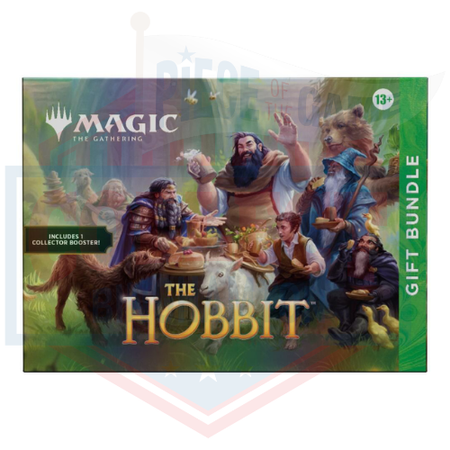 Magic: The Gathering 'The Hobbit' Gift Bundle box art, featuring a colorful illustration of characters from the film including Bilbo, Thorin, and the dwarves, with the Magic logo and 'The Hobbit' title.